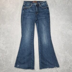 Judy Blue Women's Flare Fit High Rise Raw Hem Dark Wash Denim Jeans Size 11/30